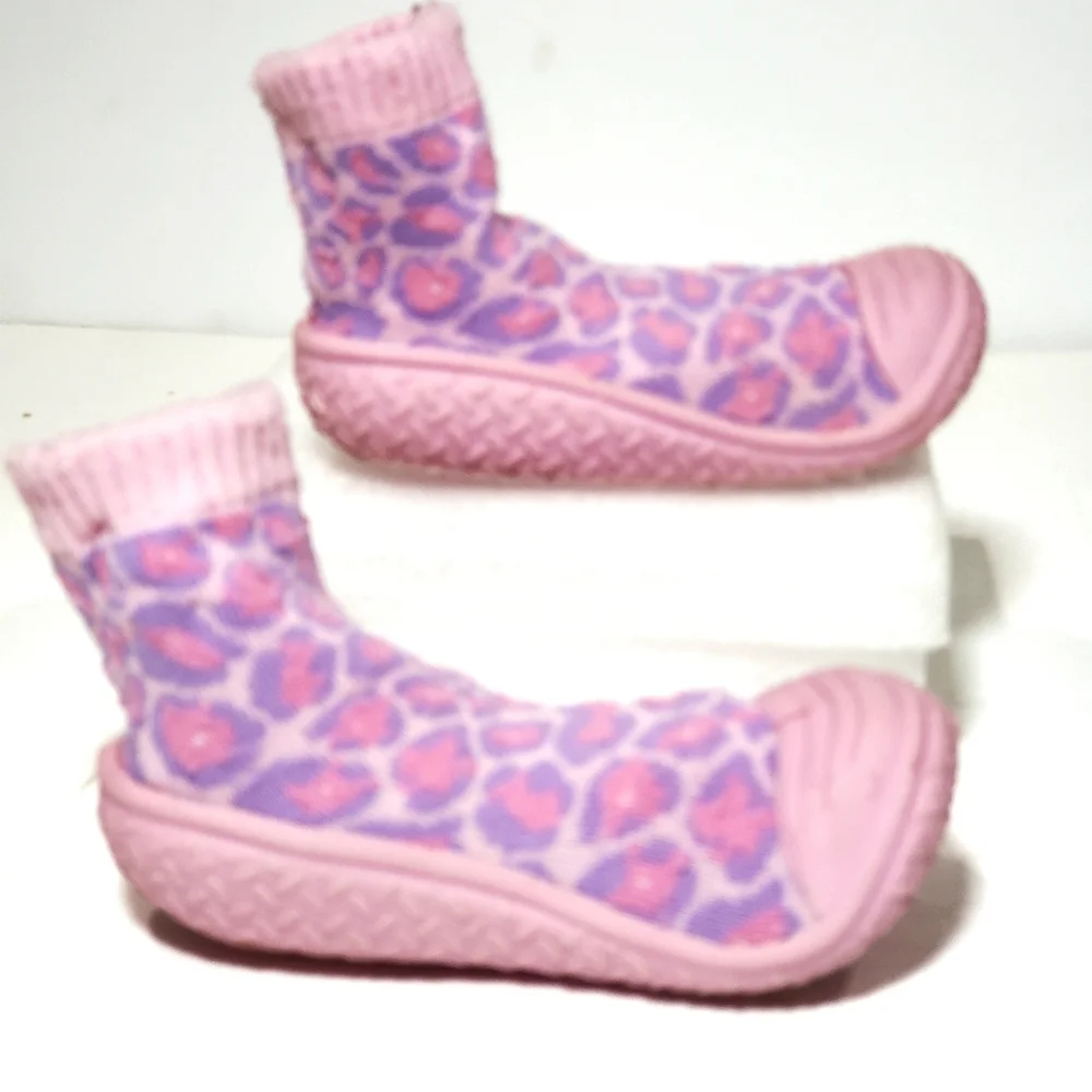 Lily & Dan Pink Purple Leopard Print Rubber Grip Slipper Socks Shoe Size 18-24M